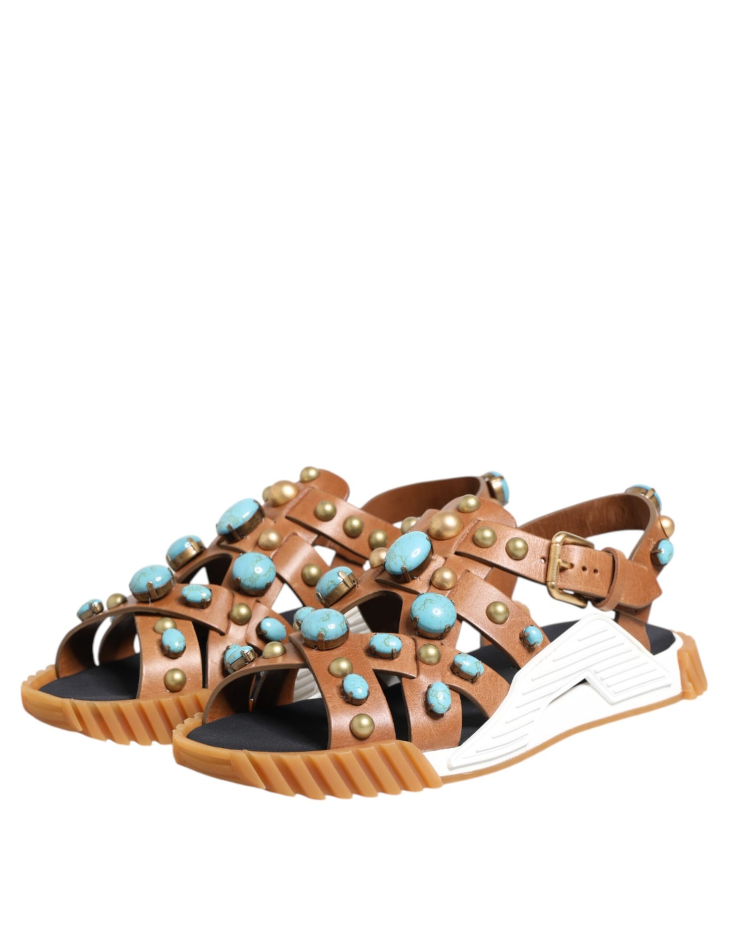 Dolce & Gabbana Brown Leather Studded Slides Sandals Shoes