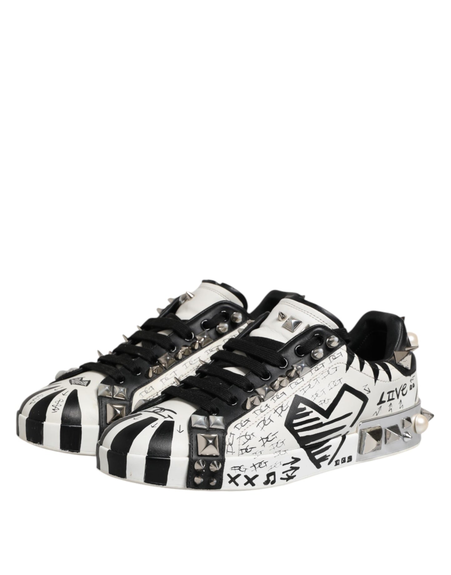 Dolce & Gabbana Black White Studded Low Top Sneakers Shoes