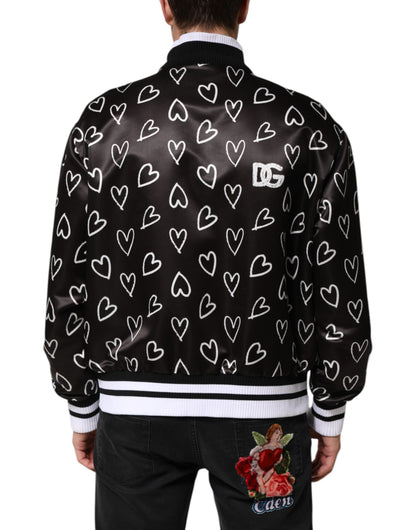 Dolce & Gabbana Black Polyester Heart Print Bomber Jacket