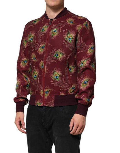 Dolce & Gabbana Maroon Peacock Feather Print Bomber Jacket