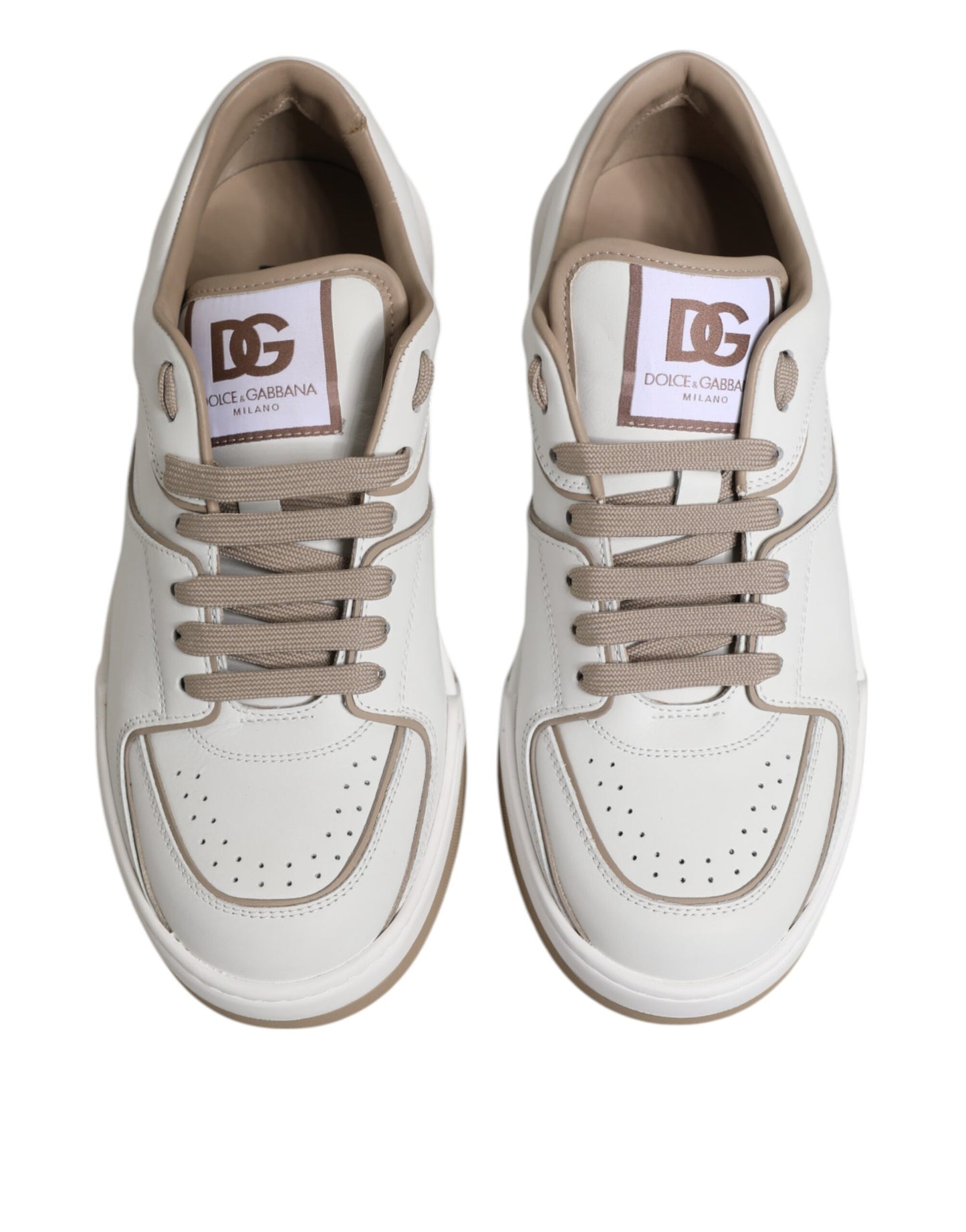 Dolce & Gabbana White Brown Leather Low Top Men Sneakers Shoes