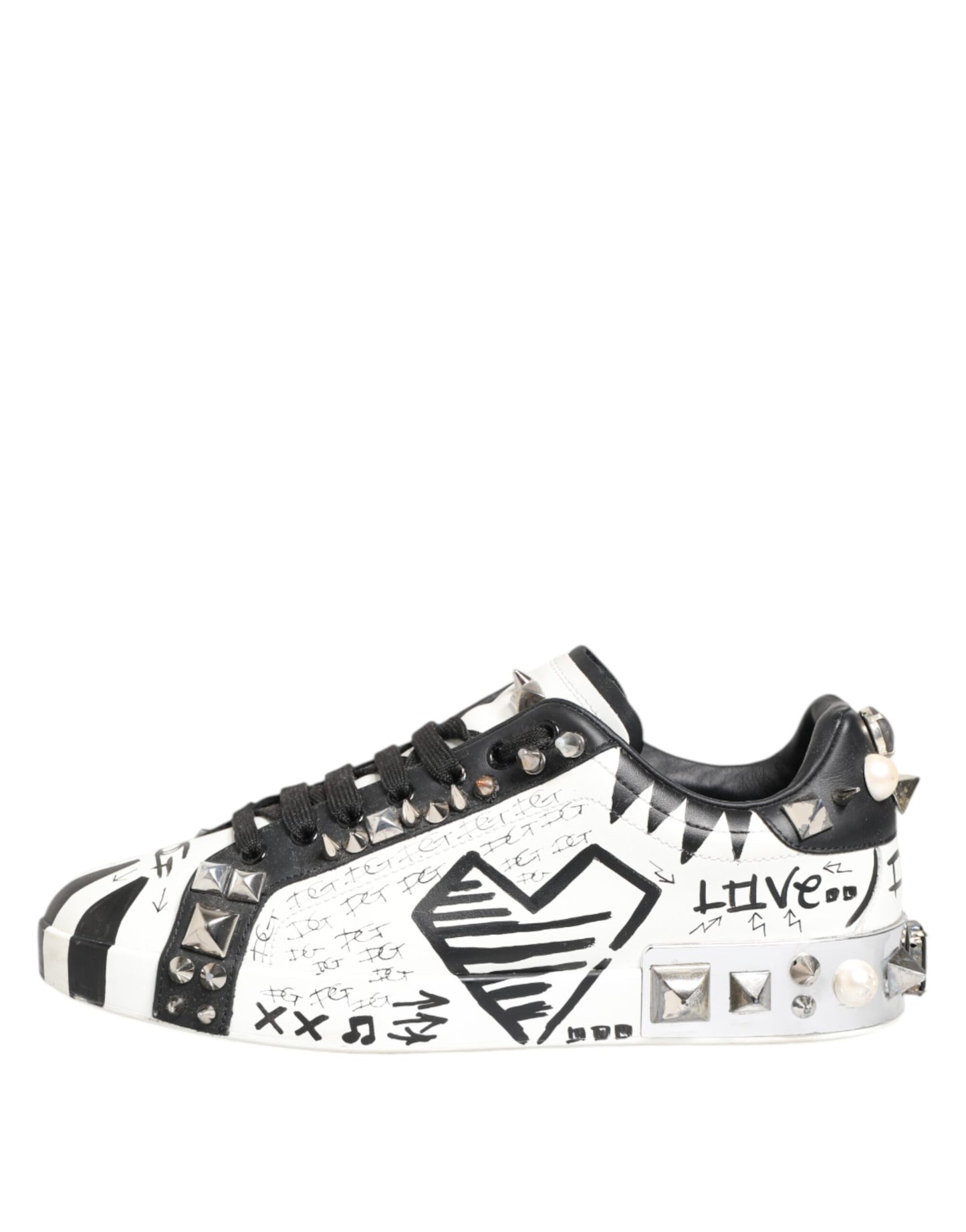 Dolce & Gabbana White Studded Printed Low Top Sneakers Shoes