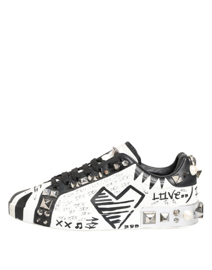 Dolce & Gabbana White Studded Printed Low Top Sneakers Shoes