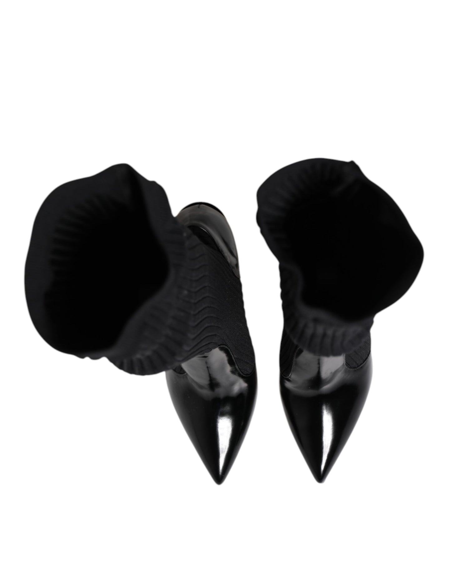 Dolce & Gabbana Black Leather Ribbed Knit Knee Boots Shoes