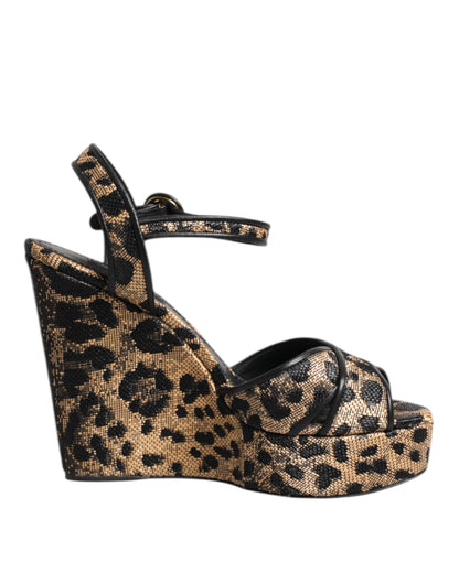 Dolce & Gabbana Brown Leopard Wedges Ankle Strap Sandals Shoes