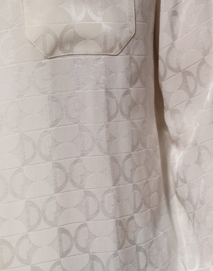 Dolce & Gabbana White Silk DG Logo Print Long Sleeves Shirt