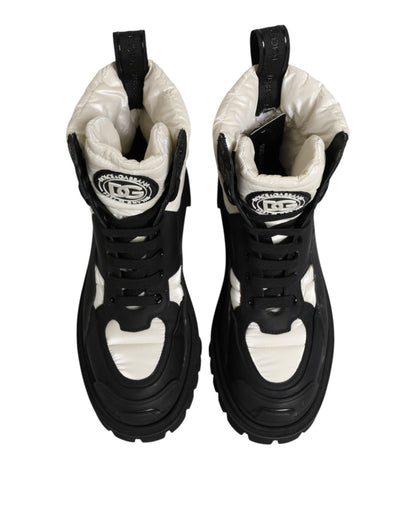 Dolce & Gabbana Black White Padded Mid Calf Lace Up Boots Shoes