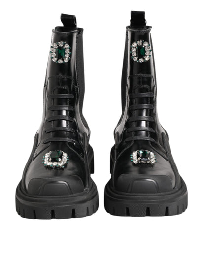 Dolce & Gabbana Black Crystal Embellished Combat Boots Shoes