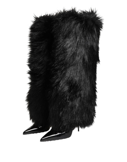 Dolce & Gabbana Black Faux Fur Pointed Knee High Stiletto Boots Shoes