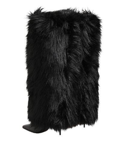 Dolce & Gabbana Black Faux Fur Pointed Knee High Stiletto Boots Shoes