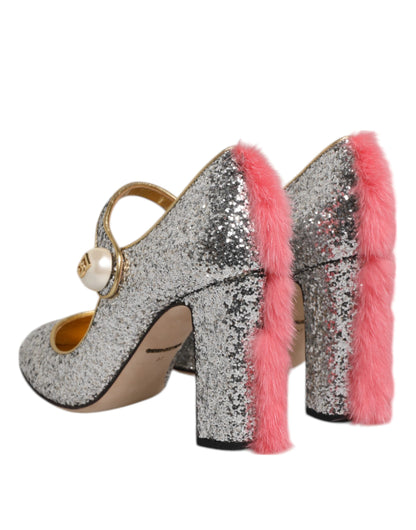 Dolce & Gabbana Silver Glitter Mink Fur VALLY Pump Shoes
