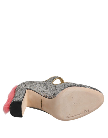 Dolce & Gabbana Silver Glitter Mink Fur VALLY Pump Shoes