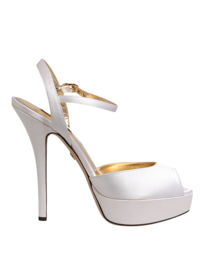 Dolce & Gabbana White Satin Platform Heels Sandals Shoes