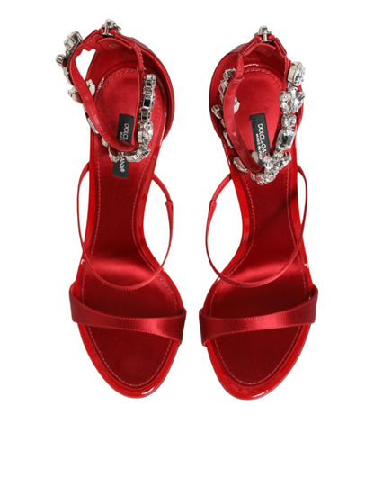 Dolce & Gabbana Red Satin Crystals Keira Sandals Heels Shoes