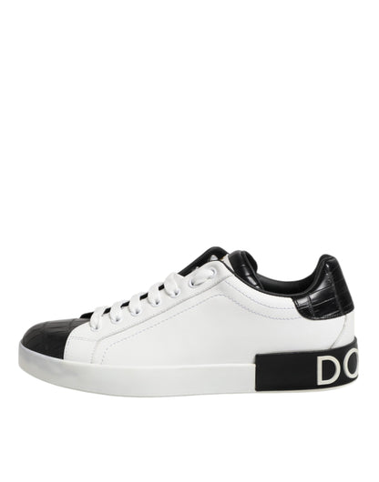 Dolce & Gabbana White Black Leather Portofino Sneaker Shoes