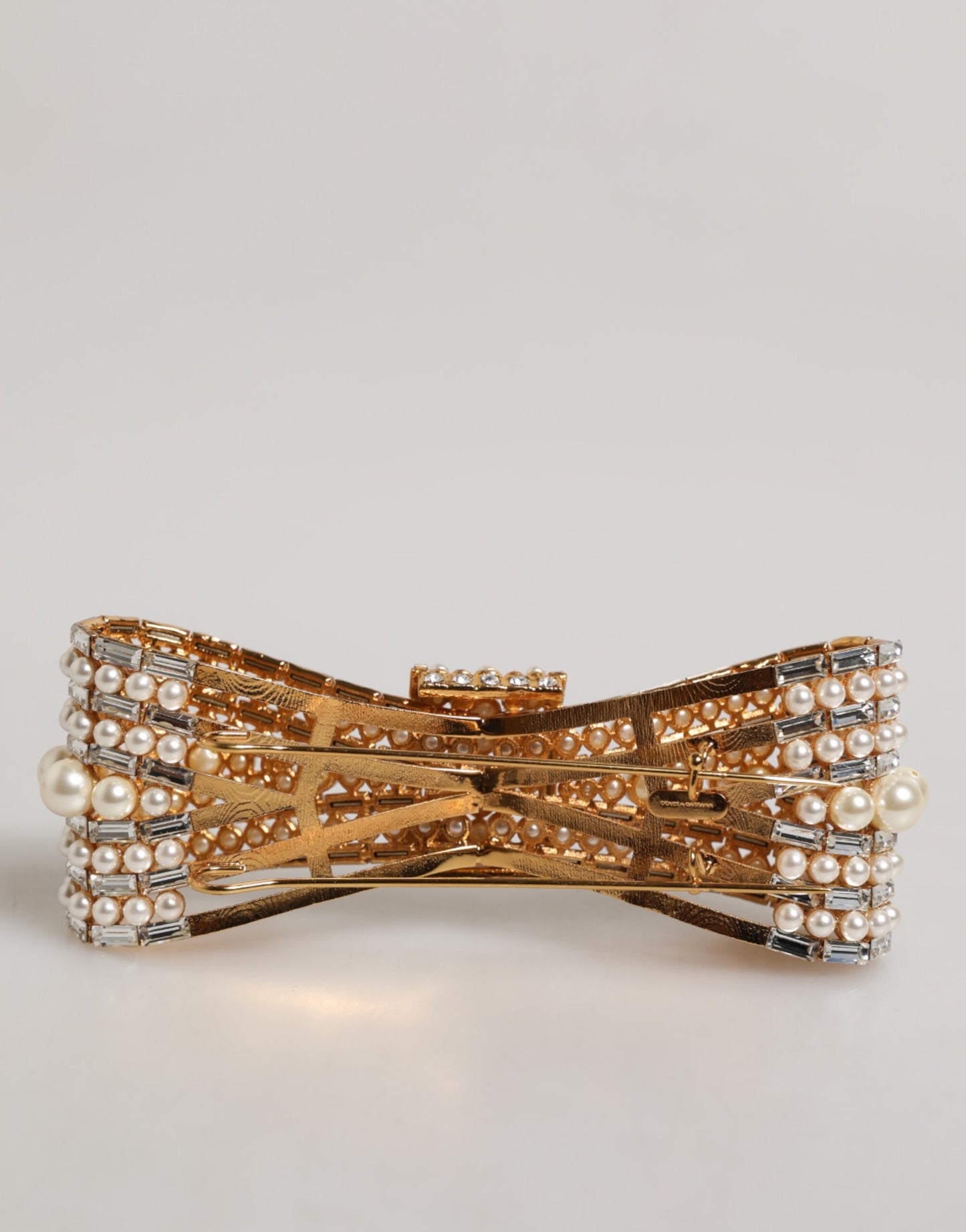 Dolce & Gabbana Gold Tone Brass Bow Crystal FauxPearl Embellished Brooch