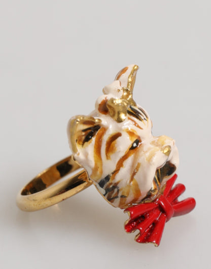 Dolce & Gabbana Gold Brass Resin Beige Dog Pet Accessory Ring