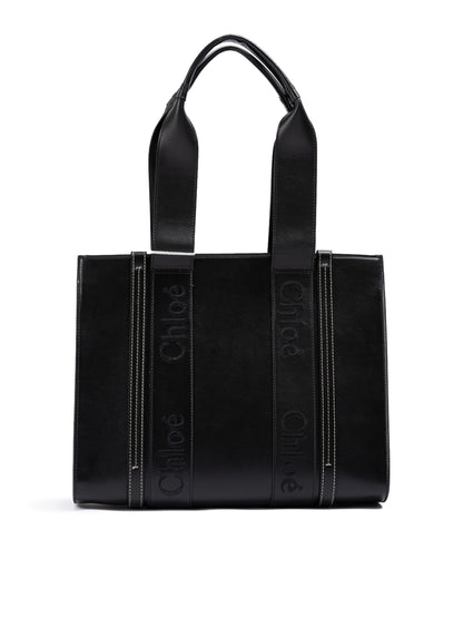 Chloé Black Woody Embroidered Logo Leather Medium Tote Bag