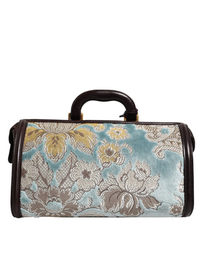 Dolce & Gabbana Blue Brown Leather Floral Jacquard Travel Handbag Bag