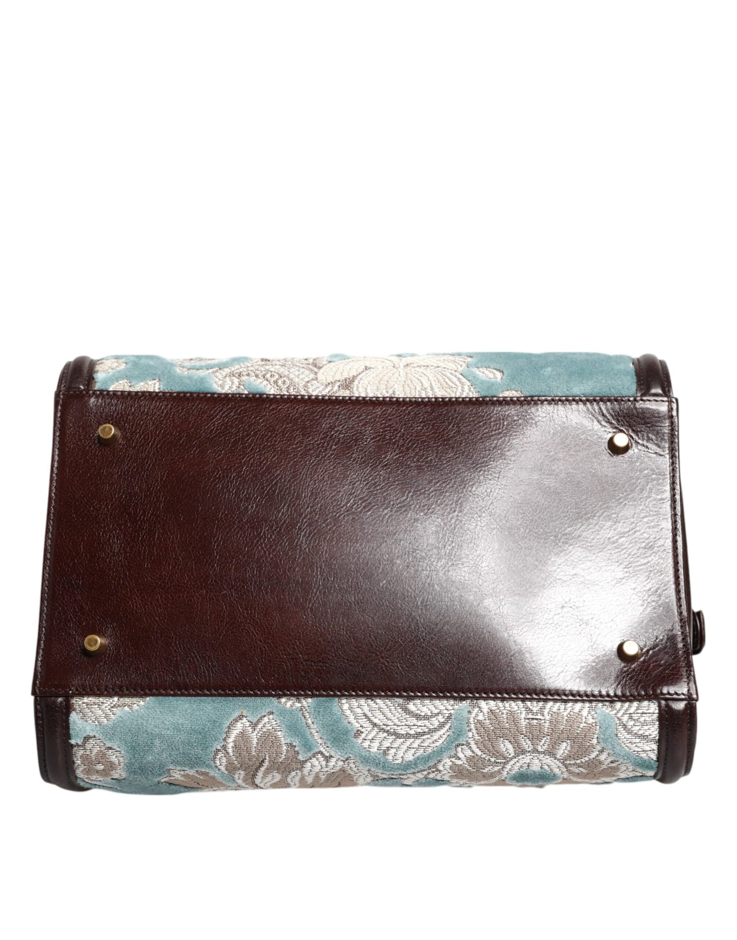 Dolce & Gabbana Blue Brown Leather Floral Jacquard Travel Handbag Bag