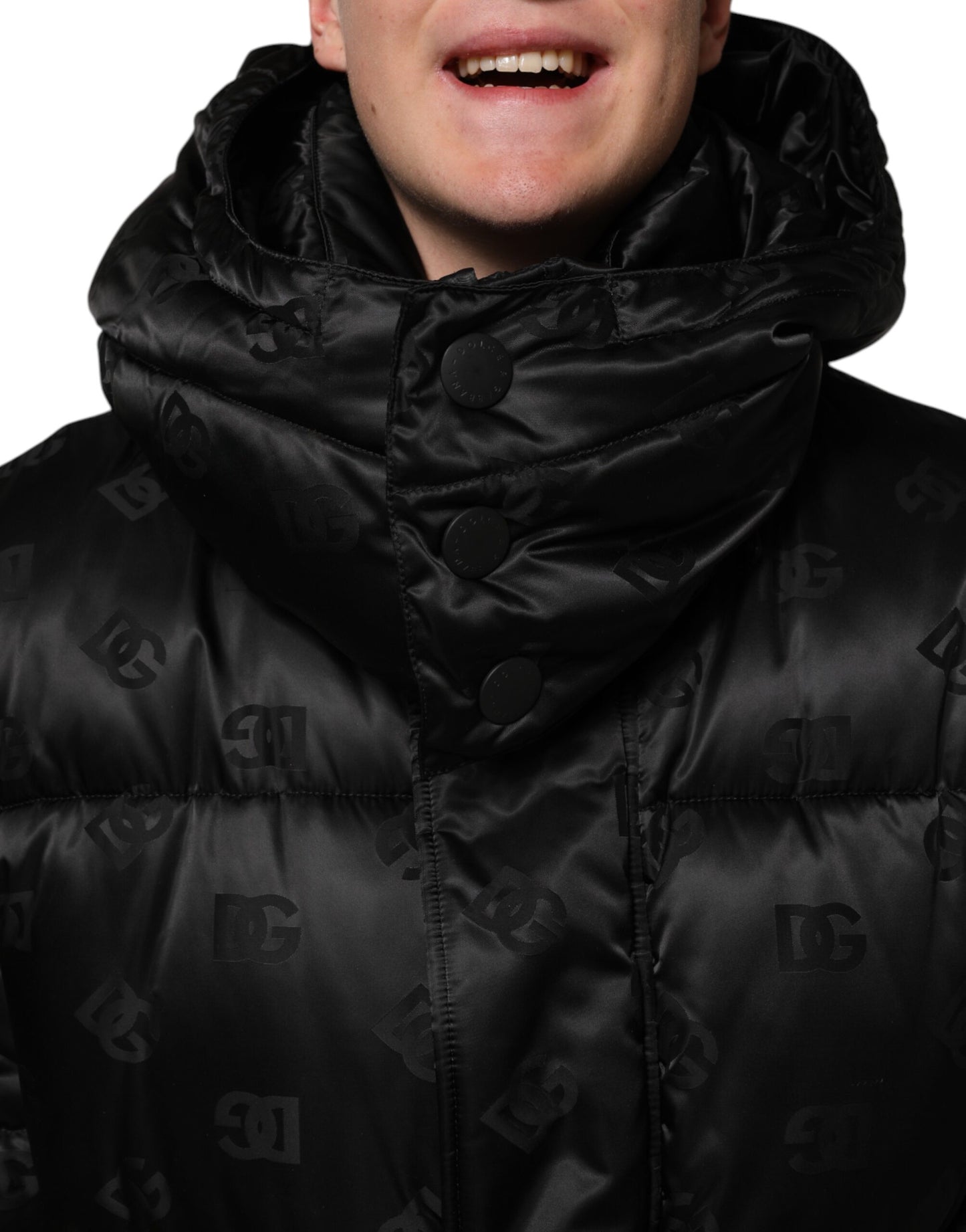 Dolce & Gabbana Black Monogram Logo Puffer Nylon Hooded Jacket