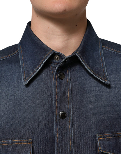Dolce & Gabbana Blue Denim Button Casual Logo Patch Men Shirt