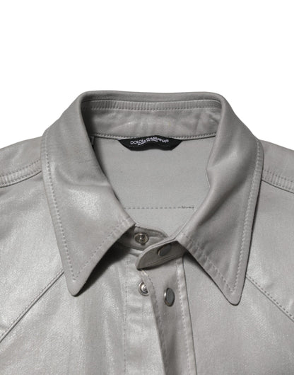 Dolce & Gabbana Gray Coated Cotton Snap Button Logo Men Shirt