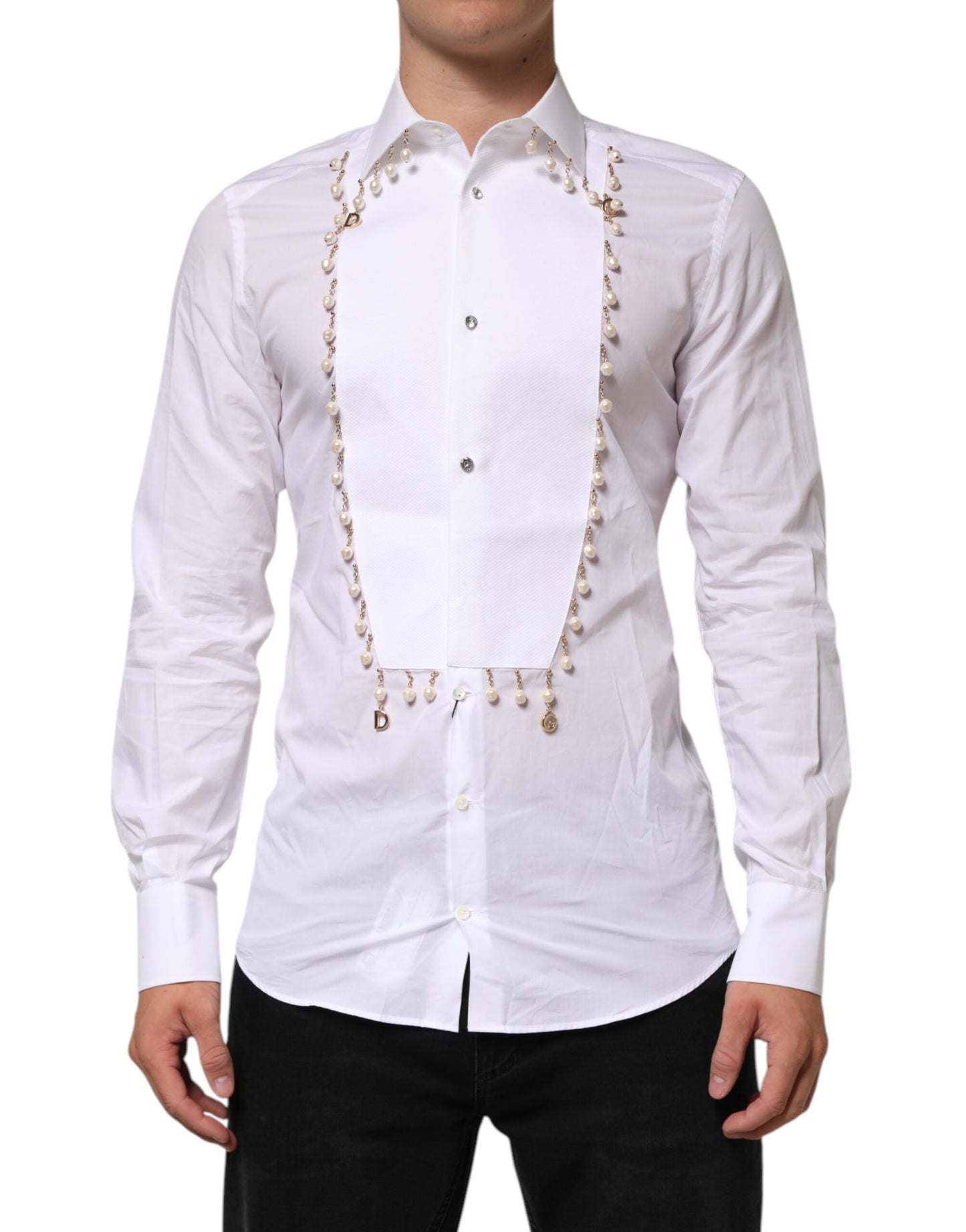 Dolce & Gabbana White Cotton DG Logo Pearl Chain Formal Shirt