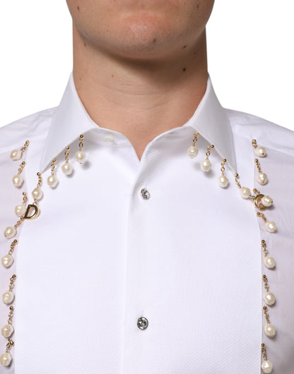 Dolce & Gabbana White Cotton DG Logo Pearl Chain Formal Shirt