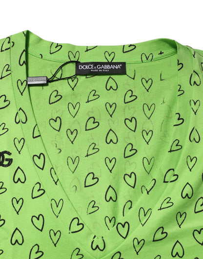 Dolce & Gabbana Green V-Neck DG Logo Heart Print T-shirt