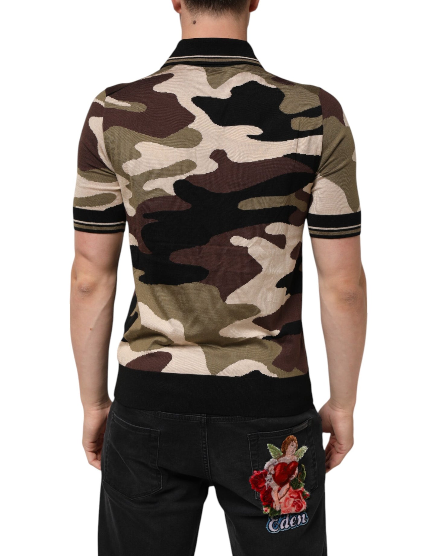 Dolce & Gabbana Camouflage Brown Silk MilitaryPolo T-shirt