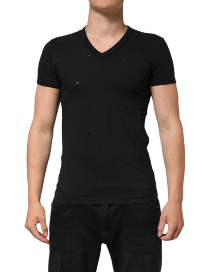 Dolce & Gabbana Black Cotton Tattered Logo V-Neck Men T-shirt