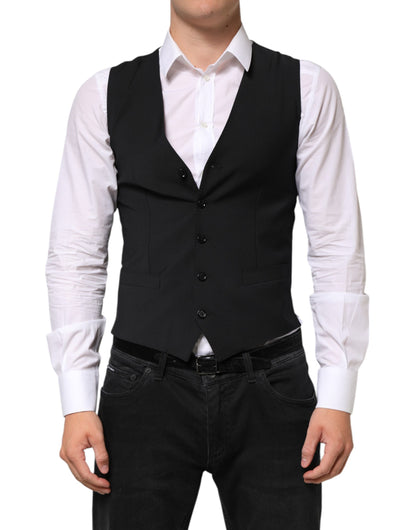 Dolce & Gabbana Black Wool Dress Formal Men Waistcoat Vest