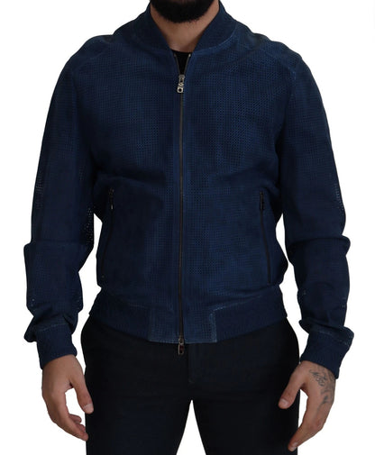 Dolce & Gabbana Blue Leather Perforated Full Zip Jacket