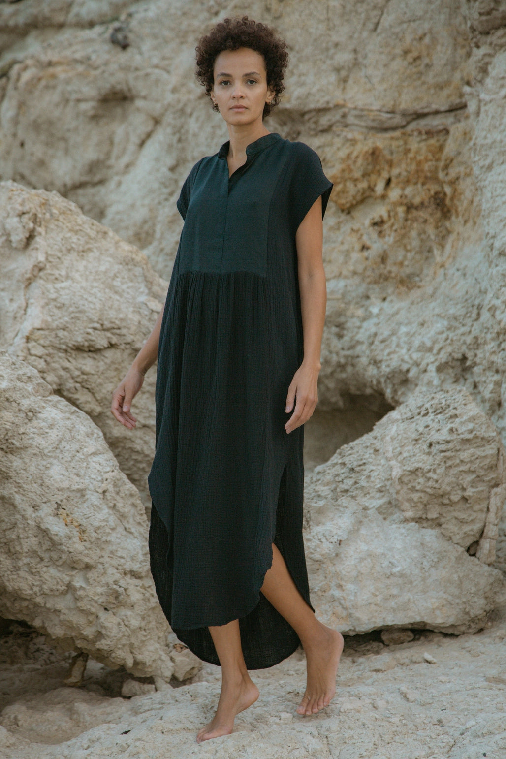 771 Nesprer Dress Beige Organic Cotton Gauze Black