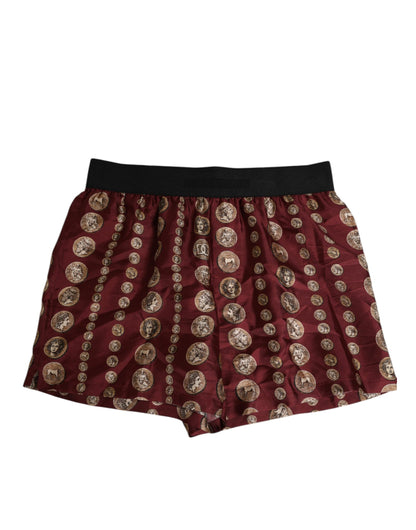 Dolce & Gabbana Burgundy Silk Coin Print Men Boxer Short Swimwear