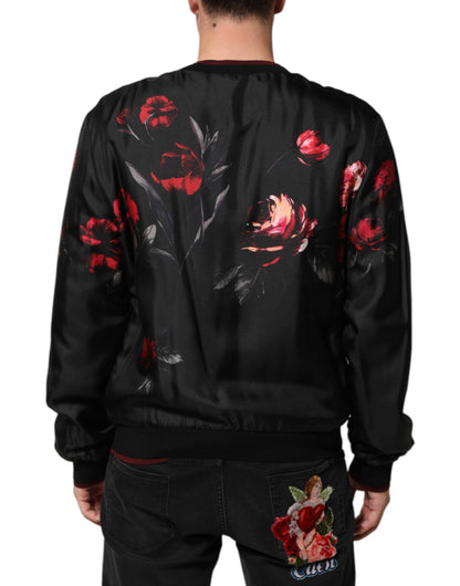 Dolce & Gabbana Black Red Floral Silk Bomber Blouson Jacket