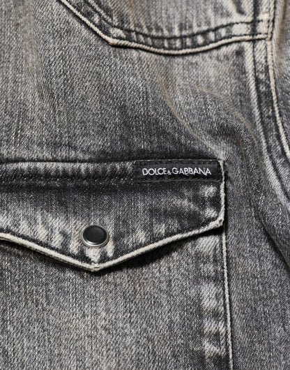 Dolce & Gabbana Black Washed Cotton Snap Long Sleeve Casual Shirt