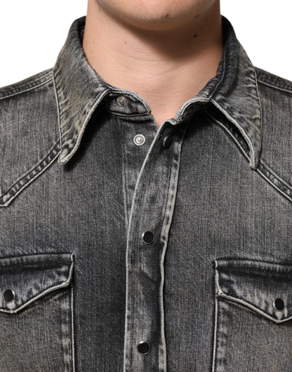Dolce & Gabbana Black Washed Cotton Snap Long Sleeve Casual Shirt