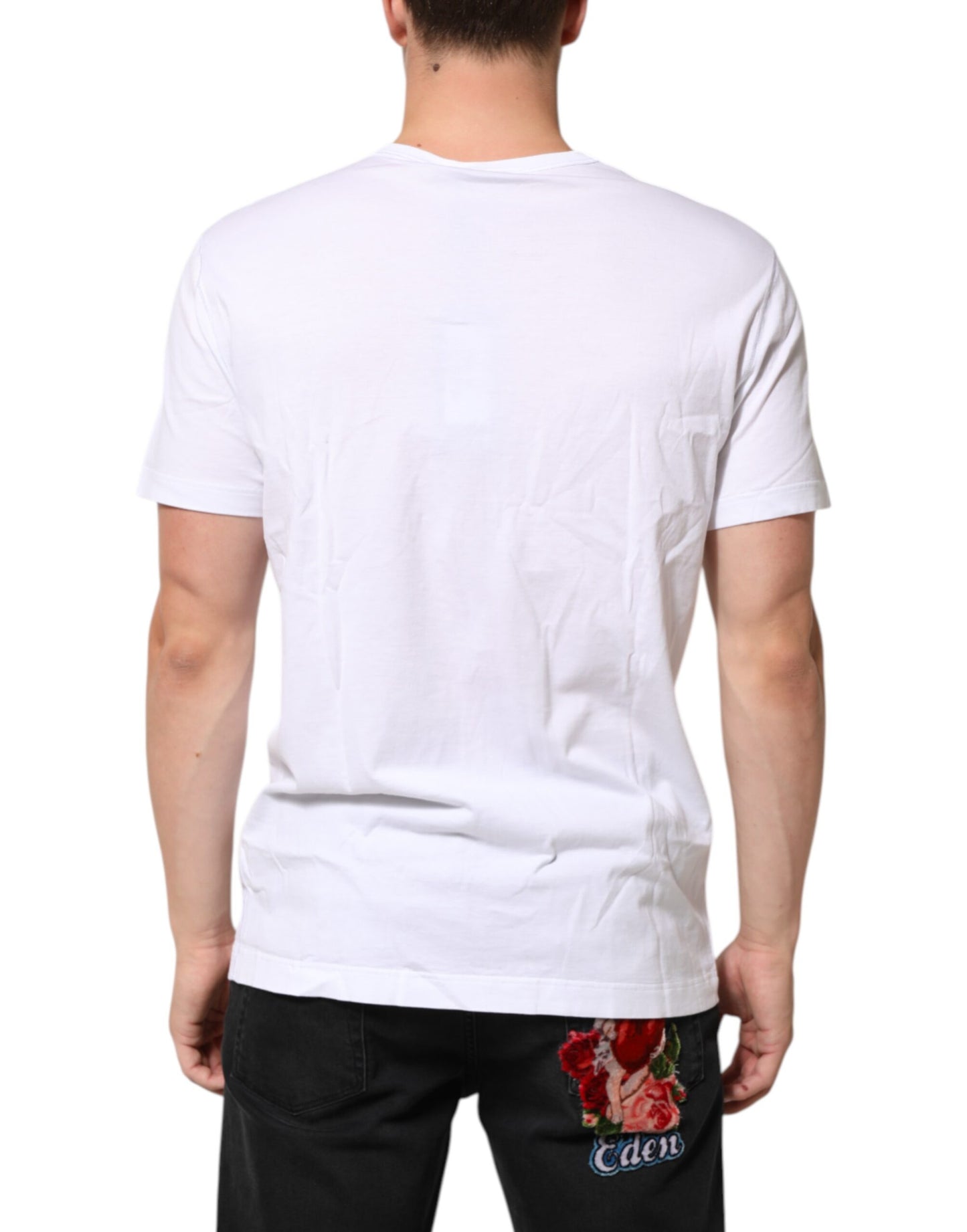 Dolce & Gabbana White Logo Plaque Cotton Crew Neck T-shirt