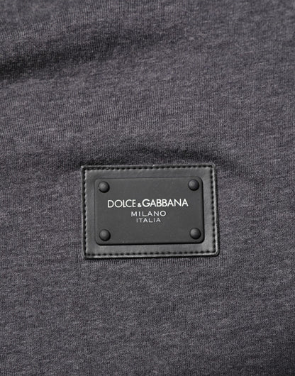Dolce & Gabbana Grey Cotton V-Neck Logo Plaque Melange T-Shirt
