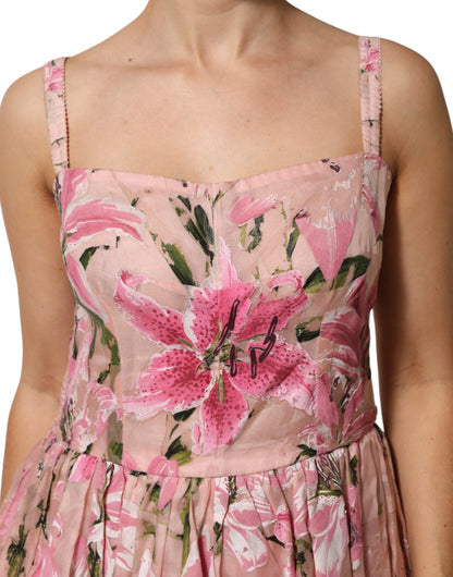 Dolce & Gabbana Pink Cotton Floral Pleated Sleeveless Dress