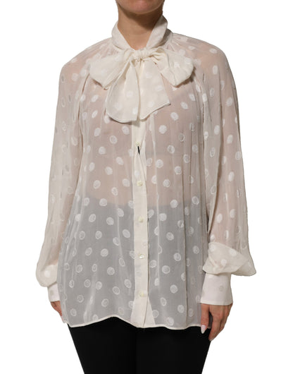 Dolce & Gabbana White Polka Sheer Silk Bow Tie Shirt Blouse Top