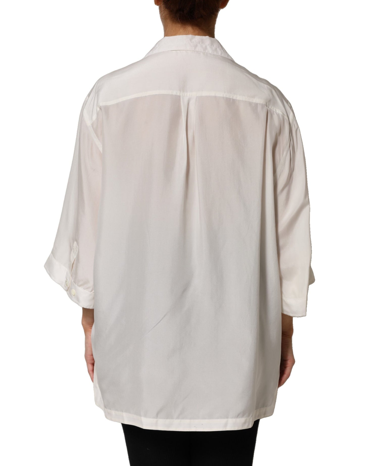 Dolce & Gabbana White Silk Collared 3/4 Sleeves Blouse Top
