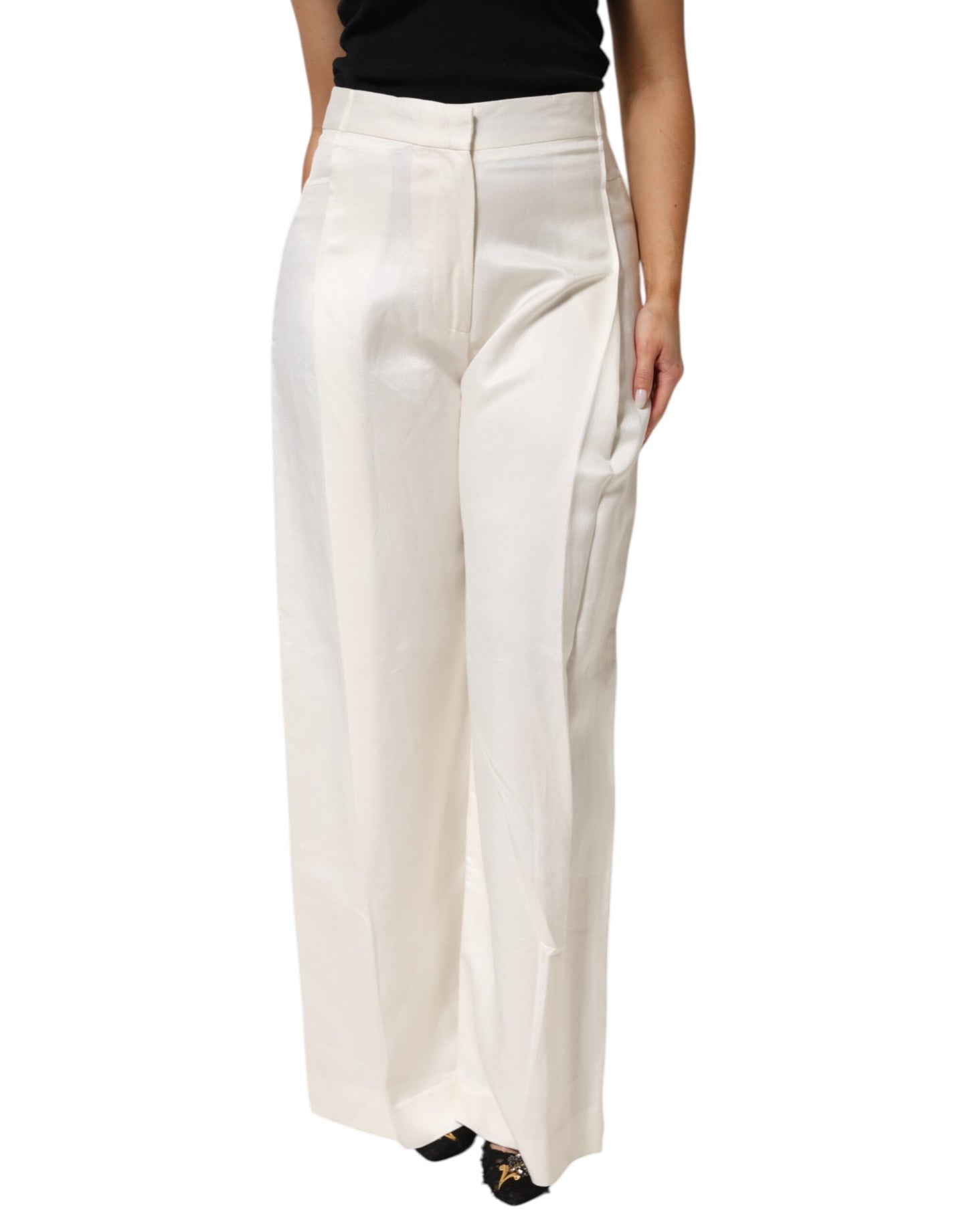 Brian Dales White Viscose Linen Wide Leg Palazzo Womens Pants