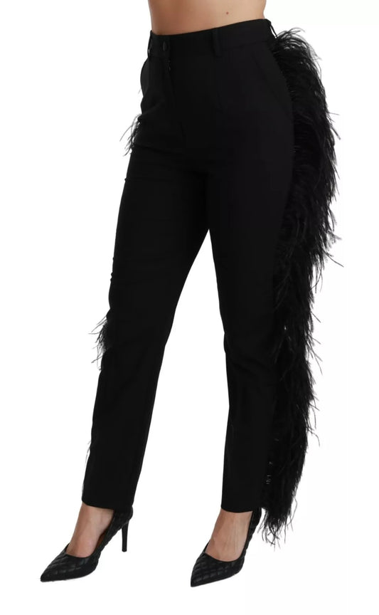 Dolce & Gabbana Black Feather Straight High Waist Pants