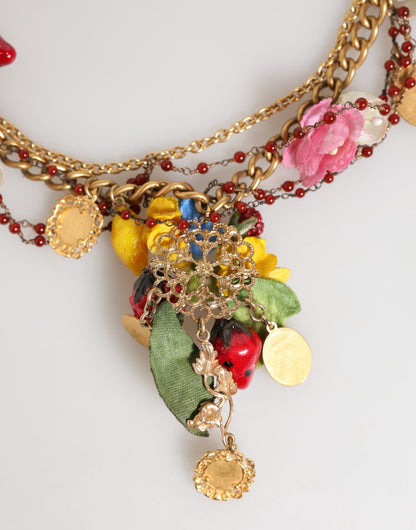 Estate Multicolor Floral Fruit Gold Chain Statement Necklace