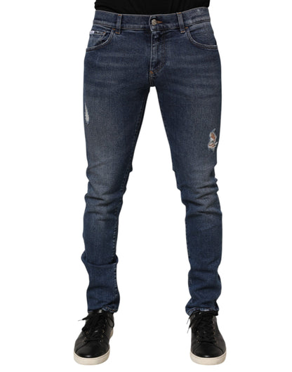 Dolce & Gabbana Blue Cotton Logo Plaque Skinny Men Denim Jeans