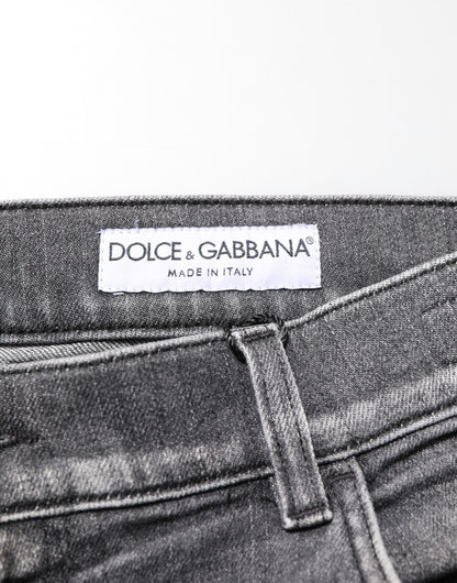 Dolce & Gabbana Grey Cotton Denim Slim Fit Distressed Pants Jeans