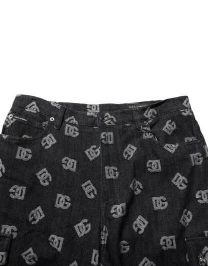 Dolce & Gabbana Black Monogram Denim Cargo Men Bermuda Short